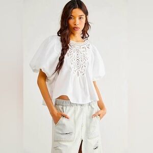 Free People Top Bardot Crop Top Lace Details Puff Sleeve White Small
